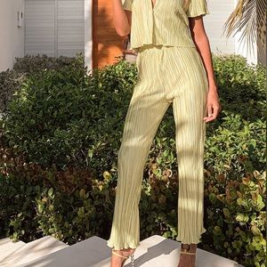 Lime Green Pleated Wide-Leg Pants